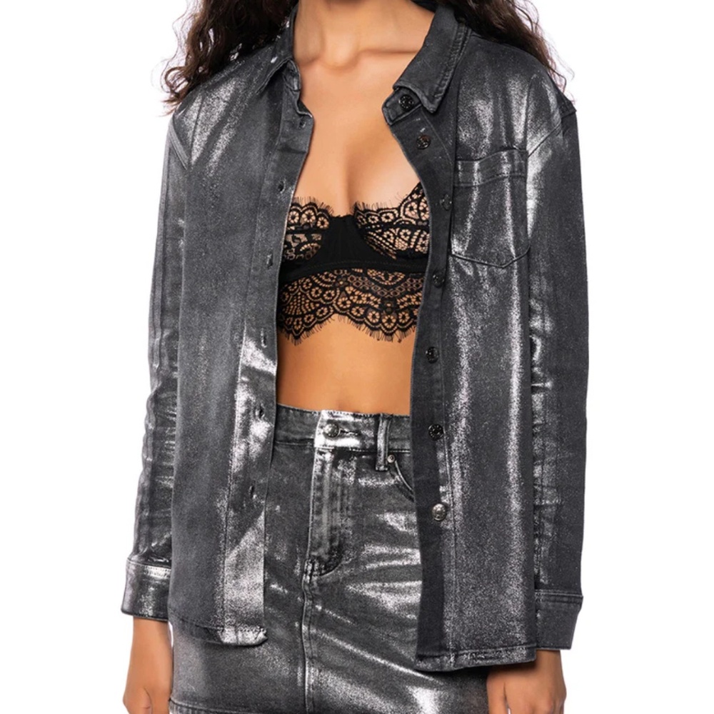 AKIRA FOIL EFFECT DENIM BUTTON DOWN TOP SILVER GREY LONG SLEEVE